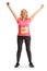 Full length portrait of a happy female marathon runner with a race bib and a medal