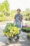 Full-length portrait of happy gardener pushing wheelbarrow with plants at garden