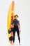 Full length portrait of a happy surfer holding surf board