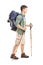 Full length portrait of a hiker with backpack and hiking poles w