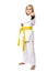Full length portrait of a karate girl in kimono with yellow belt
