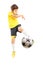 Full length portrait of a kid in sportswear shooting a soccer ba