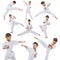 Full-length portrait of little boy, motivated sportsman in white kimono training isolated over white background. Collage