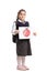 Full length portrait of a little schoolgirl holding a drawing with a ladybug isolated on white background
