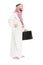 Full length portrait of a male arab person with suitcase posing