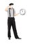Full length portrait of a male mime holding a clock and gesturing late