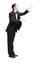 Full length portrait of a male orchestra conductor directing wi