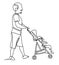 Full length portrait of a male pushing a baby stroller isolated on white background. Continuous line drawing. Vector