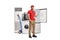 Full length portrait of a male shop assistant posing with domestic electrical appliances