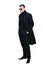 Full length portrait man in black coat isolated