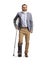 Full length portrait of a man with a neck collar and orthopedic boot standing with a crutch