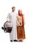 Full length portrait of a man and woman in ethnic clothes holding a baby transporting carrier