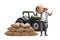 Full length portrait of a mature farmer with a pile of sacks gesturing thumbs up in front of a green tractor