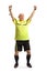 Full length portrait of a mature football referee cheering with hands up