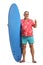 Full length portrait of a mature man holding a surfing board and showing thumbs up