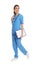 Full length portrait of medical doctor with clipboard and stethoscope on white