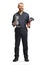 Full length portrait of a plumber holding a plastic pipe and a toilet plunger