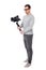 Full length portrait of professional videographer with dslr camera on 3-axis gimbal isolated on white