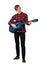 Full length portrait of proud boy teenager playing on the acoustic guitar isolated over white background. Music lessons for