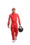 Full length portrait of a racer holding a helmet and walking towards camera