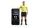 Full length portrait of a referee standing next to a big smartphone with text live football