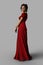 Full length portrait render of a beautiful dark haired woman wearing a red Regency style dress