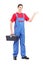 Full length portrait of a repairman holding a tool box