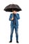 Full length portrait of sad and pessimistic businessman standing under open umbrella facepalm gesture symbolizing a fail isolated