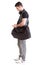 Full length portrait school boy phone isolated