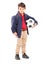 Full length portrait of a schoolboy holding a soccer ball