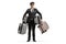 Full length portrait of a smiling bellboy holding many suitcases