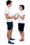 Full length portrait of sporty guy and girl