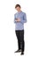 Full length portrait of teenage boy using his smartphone for texting someone or browsing social media isolated over white