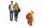 Full length portrait of teenage couple walking a red poodle dog