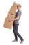 Full length portrait of tired man holding heap of boxes in hands isolated on white background