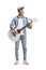 Full length portrait of a trendy guy playing a white acoustic guitar