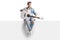 Full length portrait of a trendy young man sitting on a blank panel with a white acoustic guitar