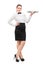 Full length portrait of a waitress with bow tie holding an empty