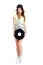 Full Length Portrait of Woman in Kepi and Jeans with Vinyl Record