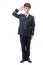 Full length portrait of young army officer saluting isolated on