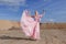 Full length portrait of a young blonde high girl in fashionable flying pink dress poses in sand quarry on sunny day