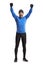 Full length portrait of a young cheerful man in sports outfit raising hands up