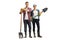 Full length portrait of young couple gardeners standing with shovels