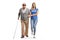 Full length portrait of a young female volunteer helping an elderly blind man walking with a cane