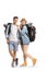 Full length portrait of a young male and female backpackers smiling at camera