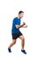 Full length portrait of young man athlete with hands raised, celebrating victory. Sporty guy wearing sportswear honor his win