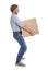 Full length portrait of young man carrying heavy cardboard box on white background