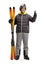 Full length portrait of a young man holding a pair of skis and gesturing a thumb up sign