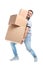 Full length portrait of young man lifting carton boxes