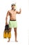 Full length portrait of a young man in swimwear with a diving mask holding snorkeling fins and gesturing thumbs up